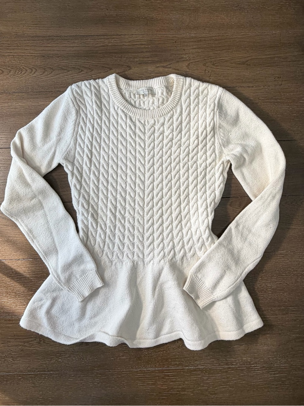 Ted Baker ivory off-white cable knit cotton blend peplum sweater ladies size 2